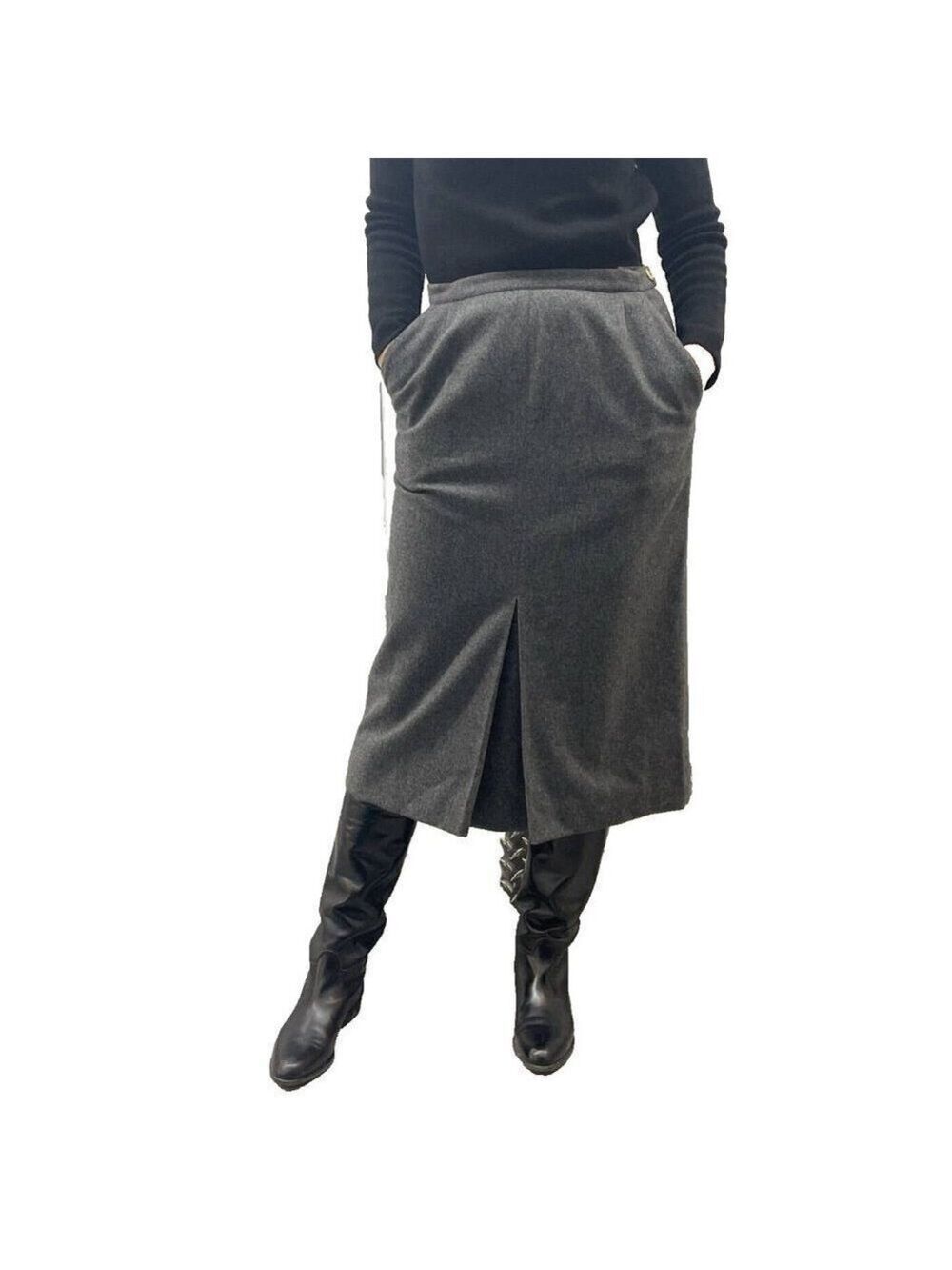 CHANEL PARIS Wool Midi Pencil Skirt in Grey Size EUR 44